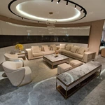 Beige Fabric L-Shape Sofa Set with Geometric Panel Craftsmanship & Fan-Shaped Quilting